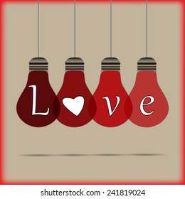 Brown background, 4 lamps shown the word love,heart