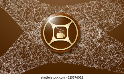 Brown background with abstract cobweb and cup of coffee