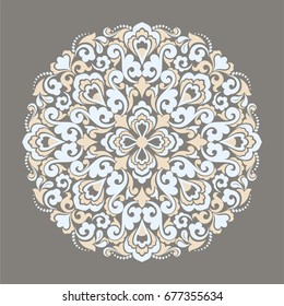 Brown background with beige and blue mandala ornament in the east style. Ideal for printing on fabric or paper. Vector illustration. Islam, Arabic, Indian, ottoman motifs. 