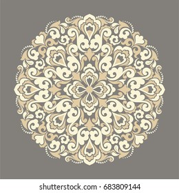 Brown background with beige mandala ornament in the east style. Ideal for printing on fabric or paper. Vector illustration. Vintage decorative elements. Islam, Arabic, Indian, ottoman motifs. 