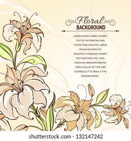 Brown background with blooming lilies. Vector illustration.