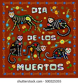 Brown background with calavera cats and sugar skills for Day of the Dead, Dia de los Muertos