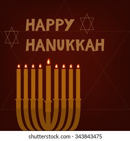 Brown background with chandelier and text Happy Hanukkah for greetings card or poster.Vector illustration.