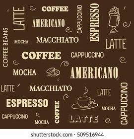 Brown background with coffee words, coffee beans and coffee mug. Coffee seamless pattern