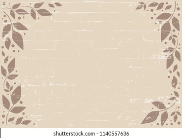 Brown background decorated with brown leaves and dots with brick wall texture for decoration, scrapbooking paper, wedding invitation, greeting card, text, frame, family tree, cover, sheet of notebook