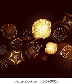 Brown background with gold jewelry with seashells and starfish.