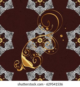 Brown background with golden elements. Metal with floral pattern. Vector golden floral ornament brocade textile pattern. Golden pattern.