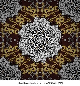 Brown background with golden elements. Metal with floral pattern. Vector golden floral ornament brocade textile pattern. Golden pattern.