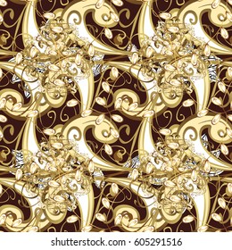 Brown background with golden elements. Seamless golden textured curls. Oriental style arabesques. Vector illustration. Vector golden pattern.