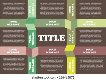 Brown background with green folded paper divider. Page layout template with nine sections for copy.