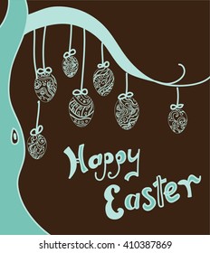 brown background with hand-drawn illustration of easter eggs and greeting