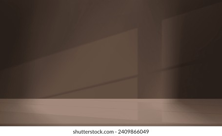 Brown Background with Light,Shadow on Wall Cement,Empty Studio Room with Tabletop Display for product presentation,Concrete Room background with shadow window effect,Vector 3d Backdrop mockup