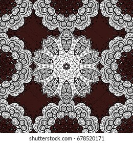 Brown background. Mandala vector floral flower oriental coloring book page outline template carpet. Seamless pattern with flowers.