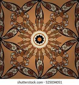 Brown background. Mandalas. Petal flowers. Beige. Vector illustration.