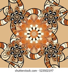 Brown background and mandalas. Stripe doodles. Vector