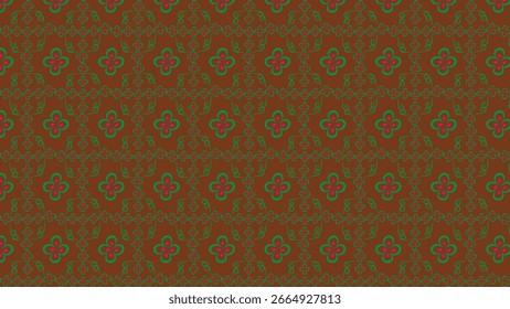 Brown background with repeating bright green and magenta floral motifs connected by delicate green swirling vines, forming a seamless, ornamental, vintage-style pattern.