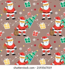 Brown background. Seamless pattern of cartoon Christmas Santa Claus with gifts and Christmas tree, for textile and wrapping paper.