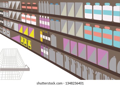 Brown background. Store shelf with goods in perspective view with shopping trolley in left bottom corner.