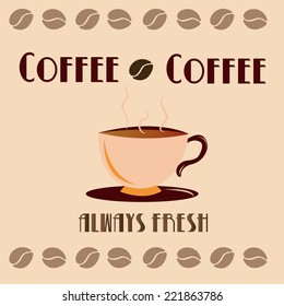 a brown background with text, coffee beans and a coffee cup