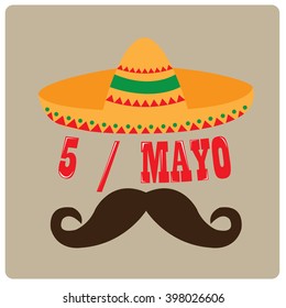 Brown background with text, a traditional hat and a mustache. Cinco de Mayo background.