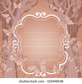 Brown background with trees, stars and butterflies. A place for your text.