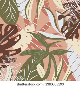 Brown background with tropical leaves. Vector design. Flat jungle print.