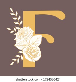 Brown background vintage hand-painted golden yellow English letter F vector illustration with rose flower leaves, spring and summer elements, elegant wedding font, blooming flowers,
