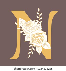 Brown background vintage hand-painted golden yellow English letter N vector illustration with rose flower leaves, spring and summer elements, elegant wedding font, blooming flowers,