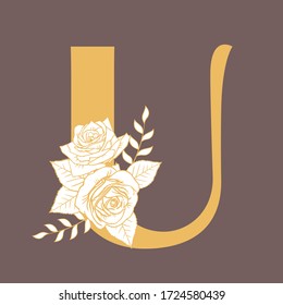 Brown background vintage hand-painted golden yellow English letter U vector illustration with rose flower leaves, spring and summer elements, elegant wedding font, blooming flowers,