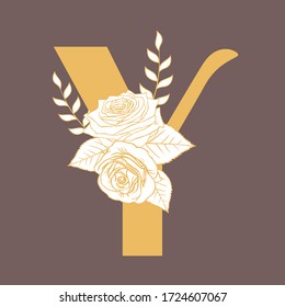 Brown background vintage hand-painted golden yellow English letter Y vector illustration with rose flower leaves, spring and summer elements, elegant wedding font, blooming flowers,