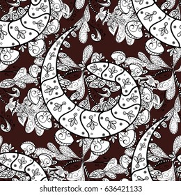 Brown background with white elements. Seamless pattern. White with floral pattern. Vector white floral ornament brocade textile and glass pattern.