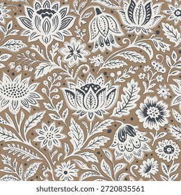 Fondo marrón con patrón floral blanco. Patrón de repetición de impresión floral jacobea.
