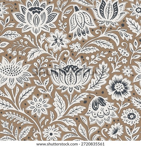 Brown background with white floral pattern. Jacobean floral block print repeat pattern.