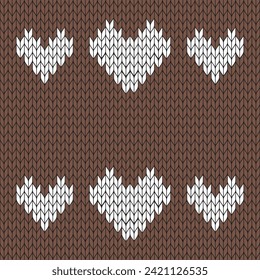 Brown background and white heart knitted pattern. knitted vector pattern. Seamless gradient pattern for clothing, wrapping paper, backdrop, background, gift card.