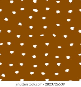 Brown background with white spots creating a deer fawn fur texture seamless pattern.