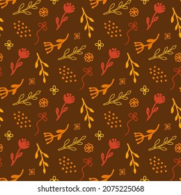 Fondo marrón con elementos decorativos pintados a mano en amarillo y naranja