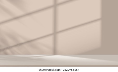 Brown Background,Blur light, leaf shadow with window frame on wall studio background for product display,Beige Backdrop for Autumn banner,Vector 3D podium stand for Spring, Summer	
