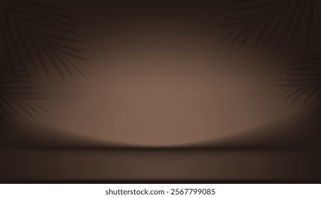 Brown Background,Empty Studio Room with Palm leaves Shadow on 3d Podium Stage for Cosmetic Product Display,Dark Brown  Wall Backdrop with Abstract Light Gradient on Floor for Summer Banner 