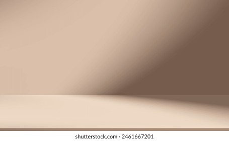 Brown background,Empty Studio wall with light,shadow on 3d Podium for Product Display,Backdrop sene with gradient light on beige wall texture for Autumn,Summer banner, Kitchen room with nature light 