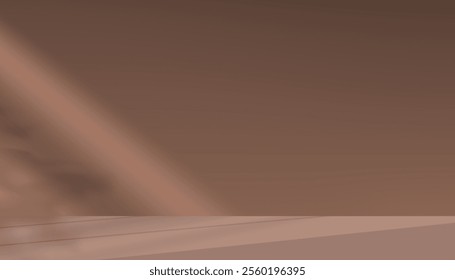 Brown Background,Mocha Mousse color of wall studio with light,shadow from window reflection on empty podium display for Product present in Winter,Spring 2025,Brown Kitchen interior room with sunlight 