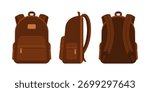 Brown backpack in front, side, and back views. Back to school, education, travel, and urban lifestyle bag concept. Flat vector illustration isolated on white background