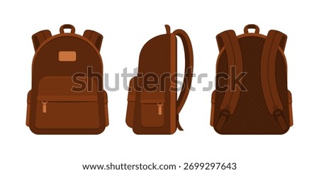 Brown backpack in front, side, and back views. Back to school, education, travel, and urban lifestyle bag concept. Flat vector illustration isolated on white background