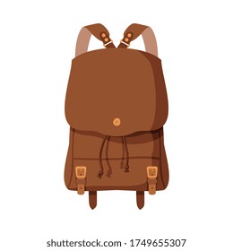 Brown Backpack, Front View of Schoolbag or Camping Backpack Flat Style Vector Illustration on White Background