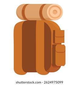 Brown backpack with multiple pockets is holding a rolled up sleeping bag, suggesting a camping or hiking trip