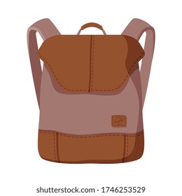 Mochila marrón para escolares o estudiantes, vista frontal de la bolsa de viaje Vector de estilo plano Ilustración sobre fondo blanco