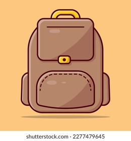 A brown backpack with a yellow background, school bag icon vector, bag vector, cartoon school bag vector