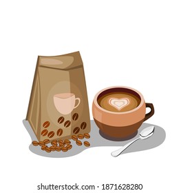A brown bag of coffee beans. Coffee latte and check beans are placed on the side.Vector illustration isolated on white background.home making coffee.