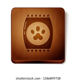 Brown Bag of food for pet icon isolated on white background. Food for animals. Pet food package. Dog or cat paw print. Wooden square button. Vector Illustration