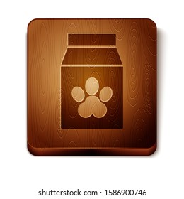 Brown Bag of food for pet icon isolated on white background. Food for animals. Pet food package. Dog or cat paw print. Wooden square button. Vector Illustration