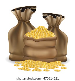 Brown bag full of gold coins. Illustration in vector format